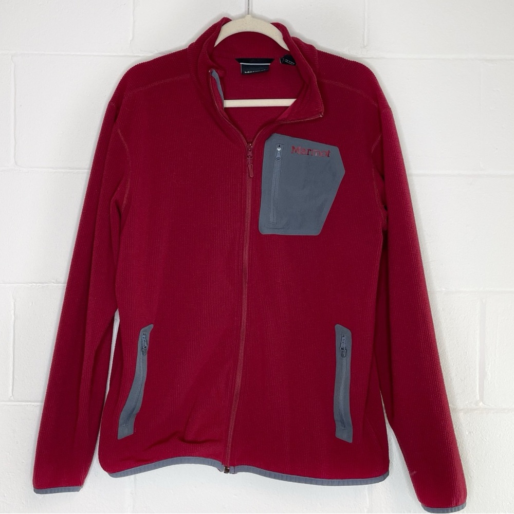 Marmot Men’s Burgundy Pullover 1/2 Zip Waffle Knit Logo Zip Pocket Front